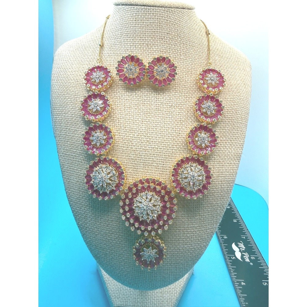 Pink Ruby CZ Gold Tone Indian Bollywood Jewelry‎ Set Necklace & Stud Earrings